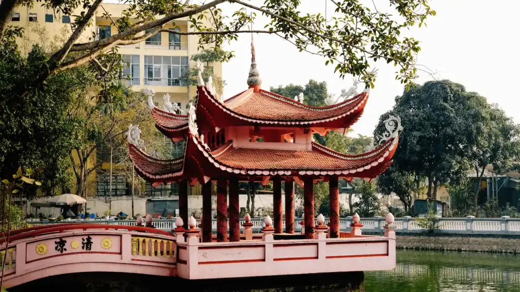 Beautiful traditional Vietnamese pagoda by a tranquil pond