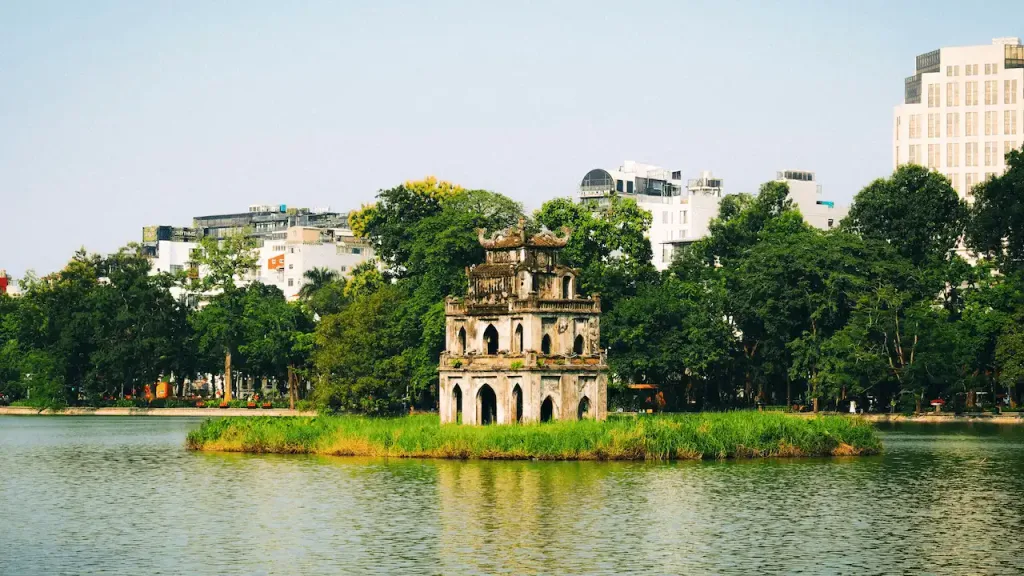 Scenic view of Turtle Tower on Hoan Kiem Lake in Hanoi, Vietnam