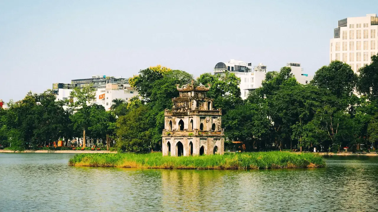 Scenic view of Turtle Tower on Hoan Kiem Lake in Hanoi, Vietnam