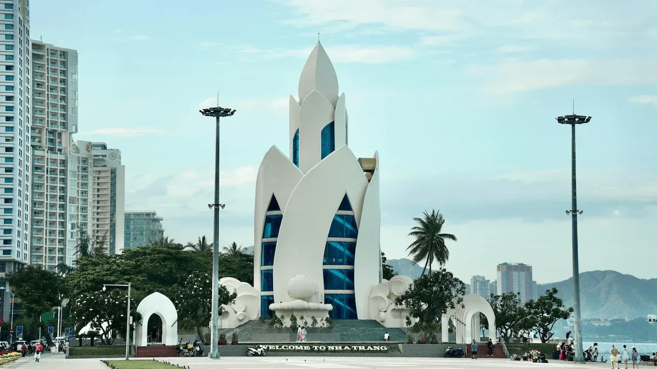 Modern architecture of a landmark in Nha Trang, Vietnam's coastal cityscape.