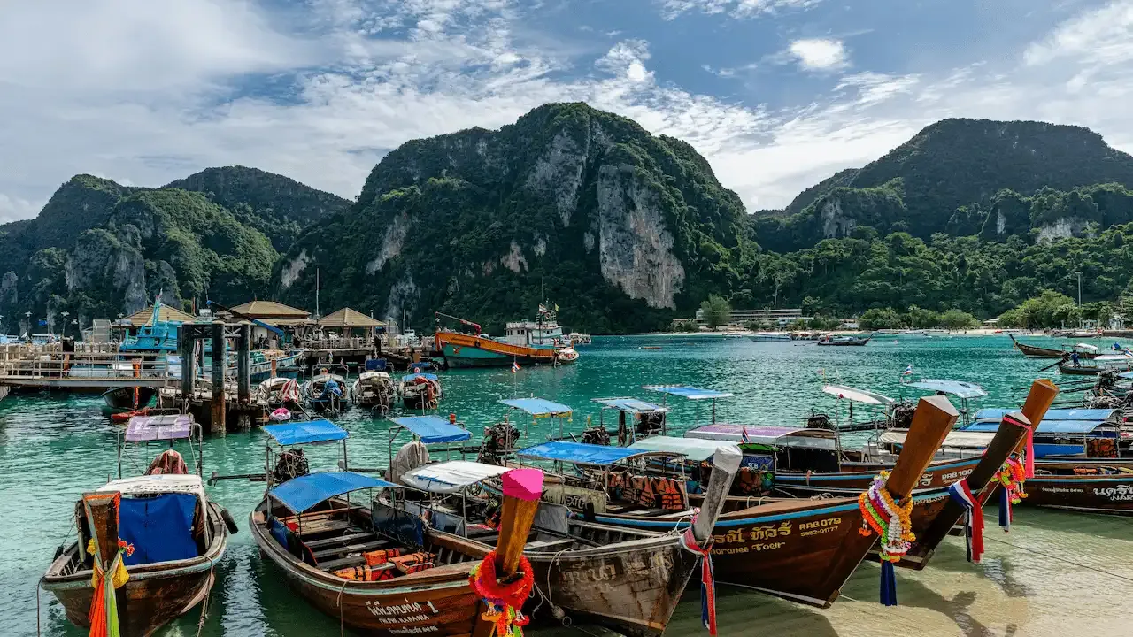 A picturesque bay with lush hills in Phuket, Thailand.