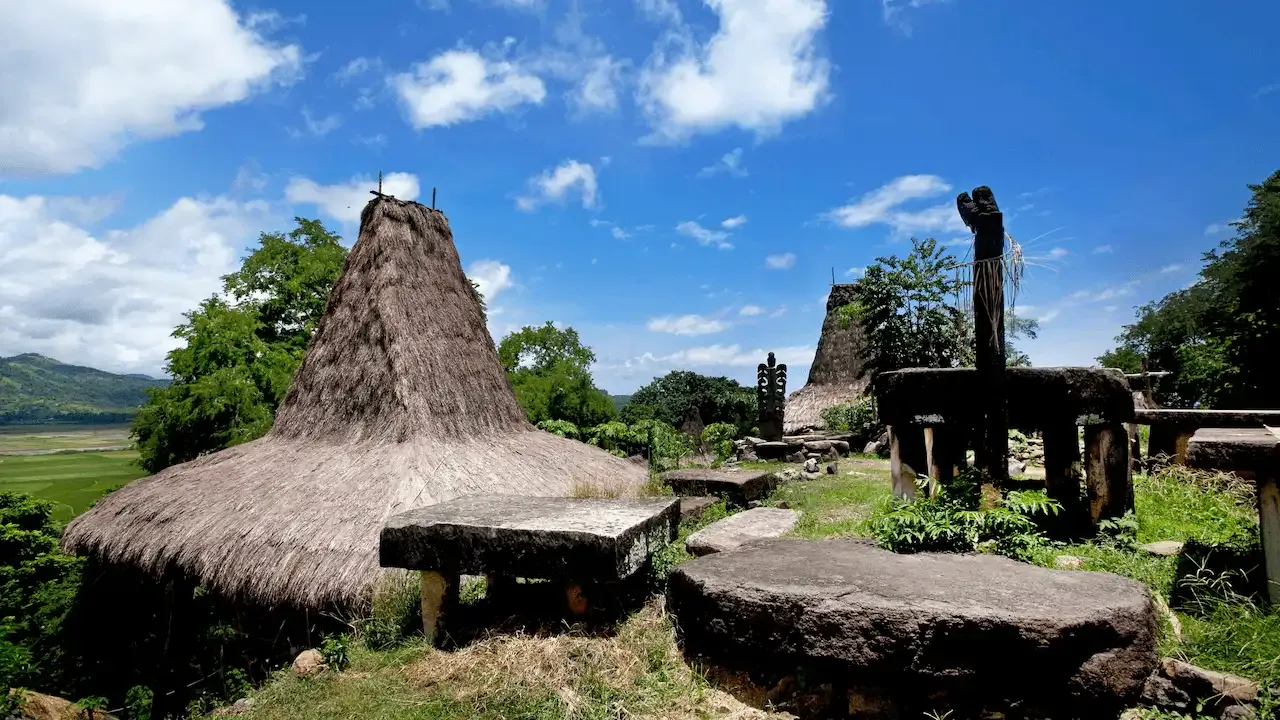 Scenic view of ancient Marapu structures and thatched roofs in Sumba