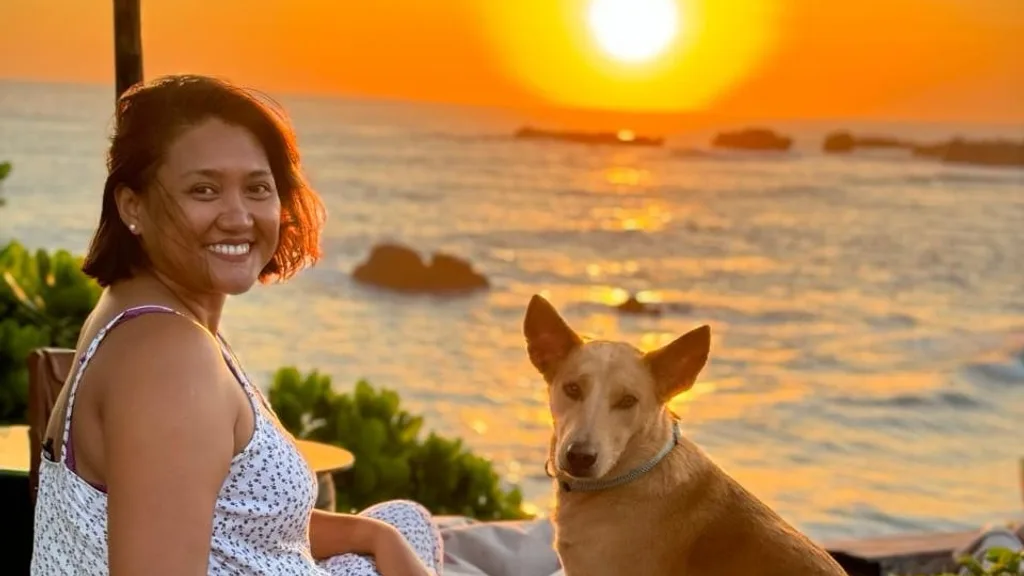 Sunset at a local spot in Cemagi with her Balinese dog Pippa
