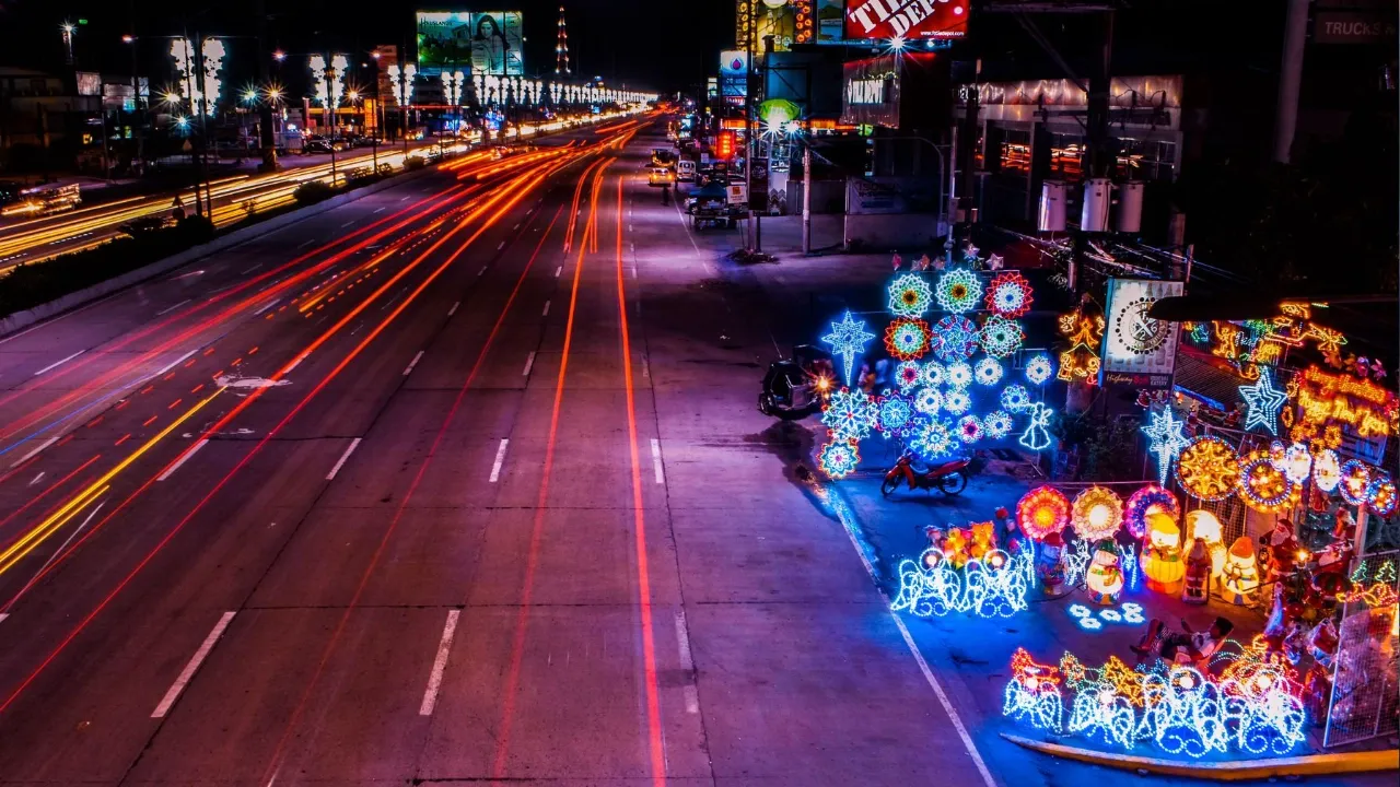 Christmas decorations along a highway in Manila